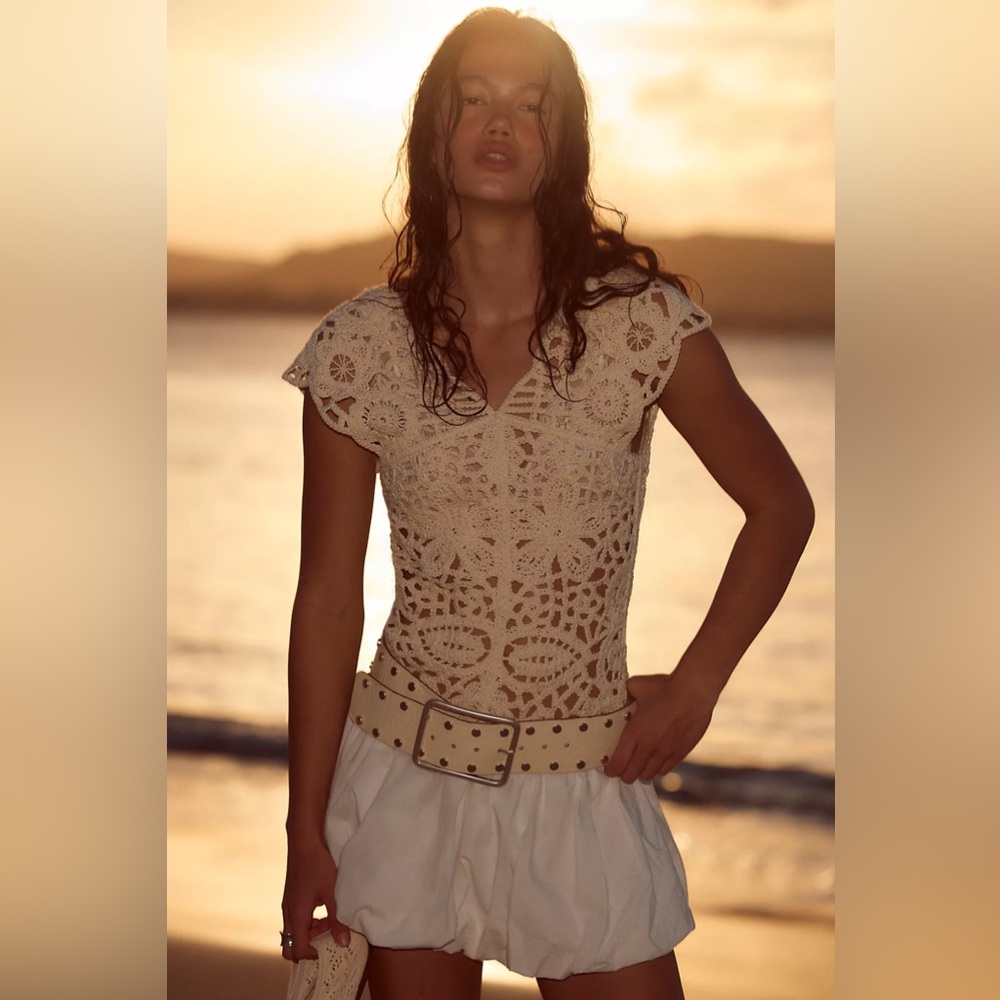 Free People Kinsley Crochet Mini Dress in Ivory Combo